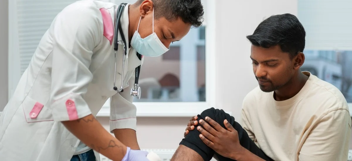 The doctor is checking his own patient